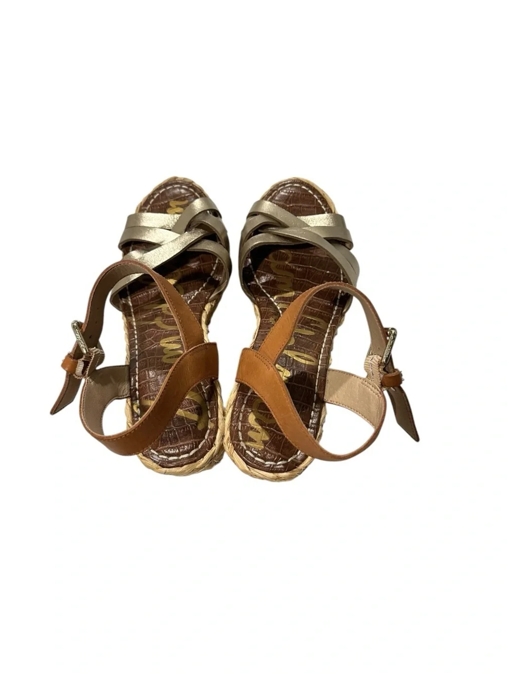 Sam Edelman Darline Metallic Gold Straw Braided Platform Wedge Sandals 7M